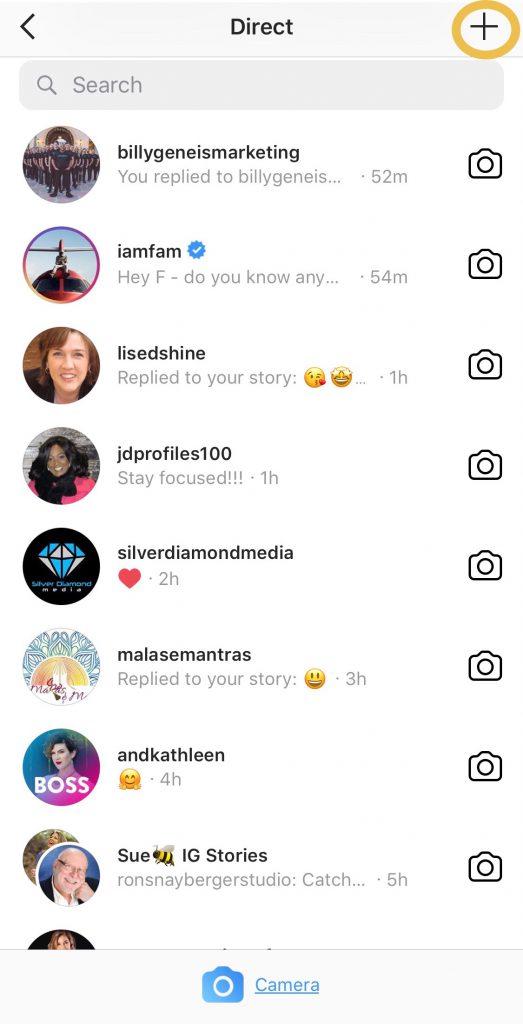 Sue B. Zimmerman's Instagram Direct Message inbox with a yellow circle drawn around the plus sign icon.