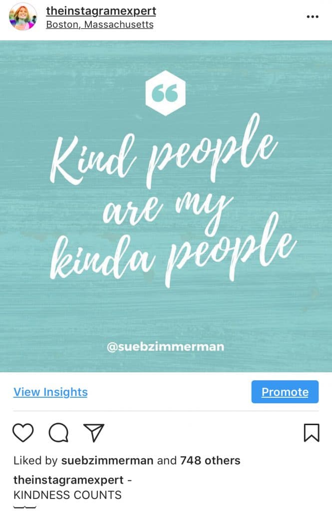 Sue B Zimmerman's Instagram post that shows a quote graphic that says kind people are my kind'a people.