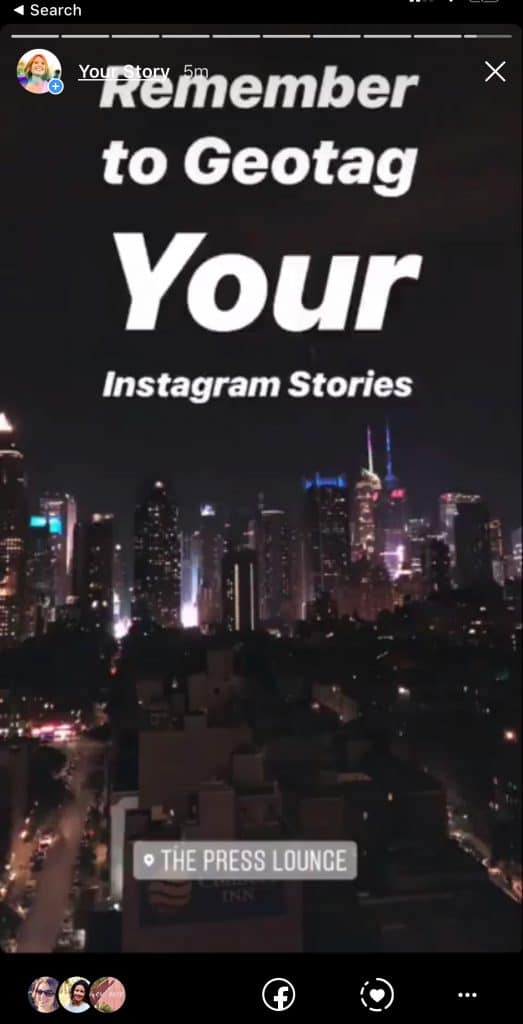 Sue B Zimmerman's Instagram Story with text over the Boston skyline that says remember to geotag your Instagram Stories.