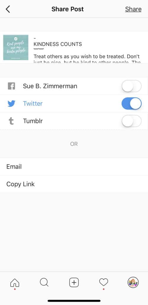Sue B Zimmerman's Instagram post with the share post menu open and the toggle turned on to share to Twitter.
