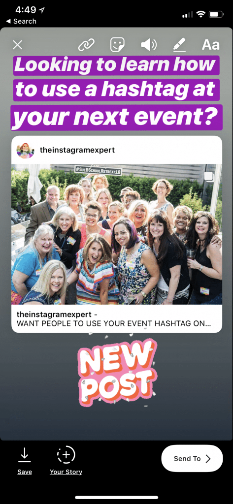 Sue B Zimmerman's Instagram post preview in Stories with text overlay that says "Looking to learn how to use a hashtag at your next event."