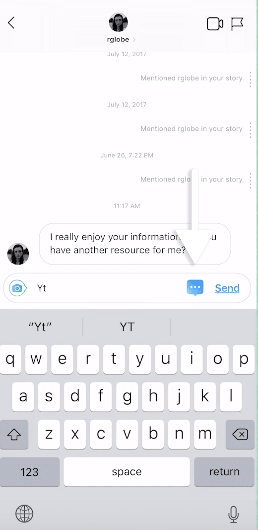 Sue B Zimmerman's Instagram Direct Message with a white arrow pointing to the quick reply icon that is illuminated blue.