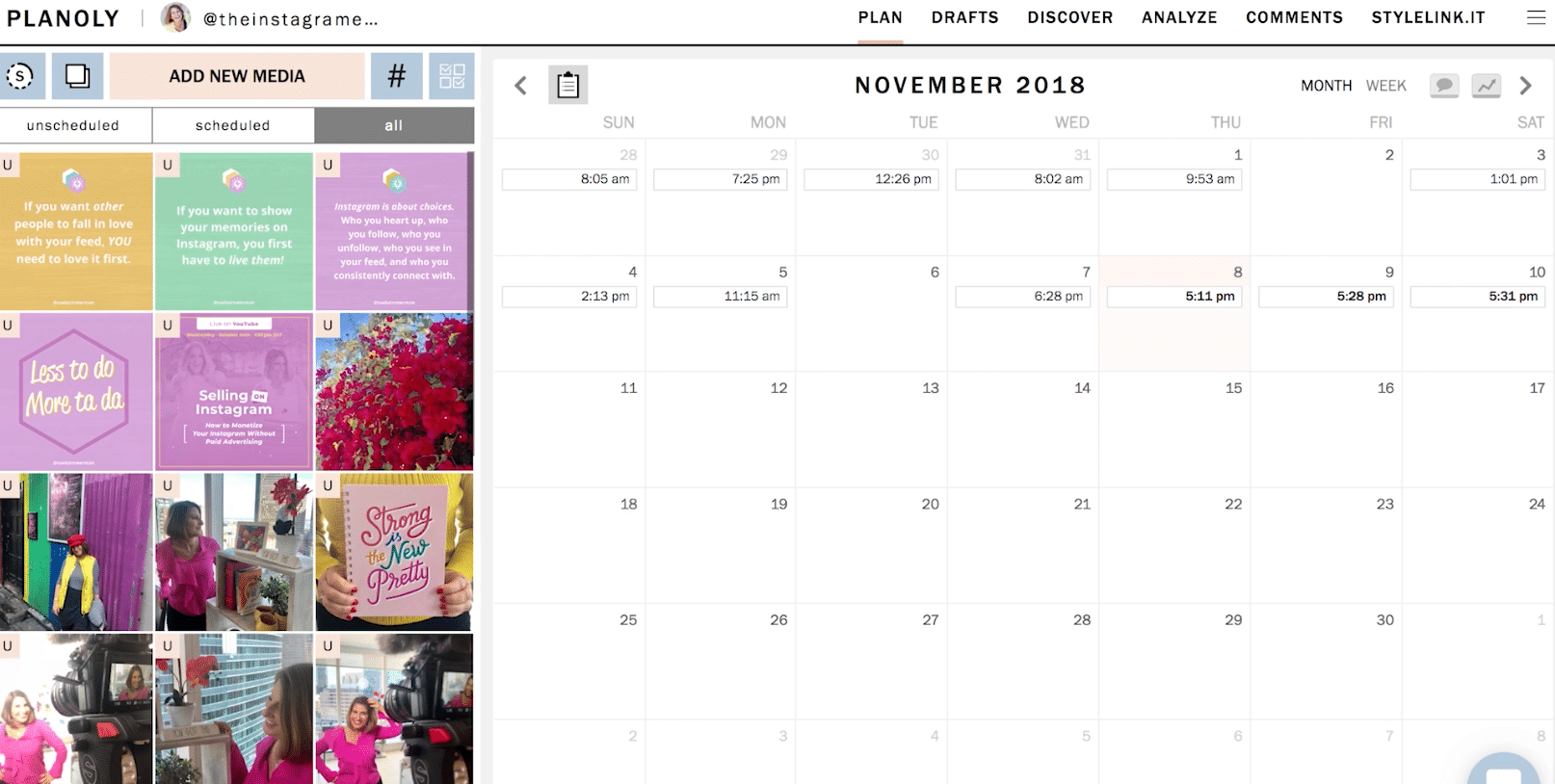 Calendar view of using planoly on your computer with Sue B. Zimmerman, The Instagram Expert