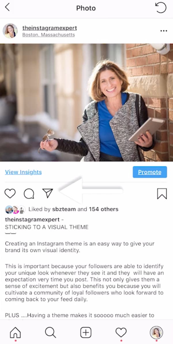 An Instagram post showing Sue B Zimmerman with a white arrow pointing to the airplane icon.