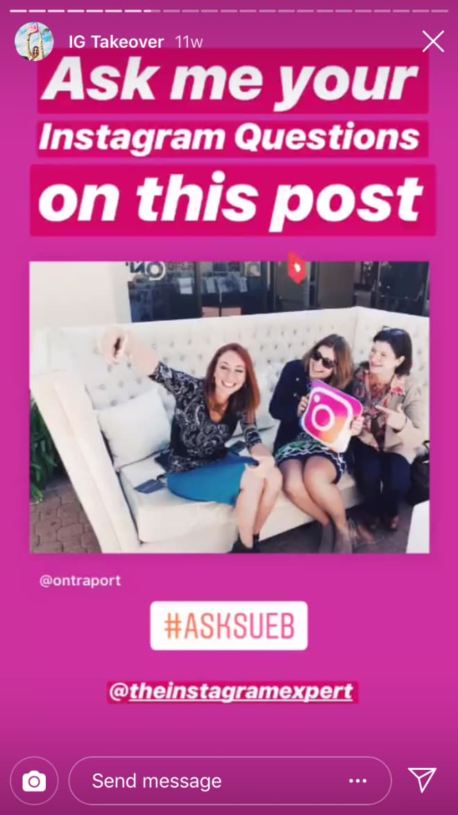 Sue B Zimmerman's Instagram Story shows her sitting on a couch smiling and posing with two attendees at the Ontraport event. The text over the Story says ask me your Instagram questions on this post.