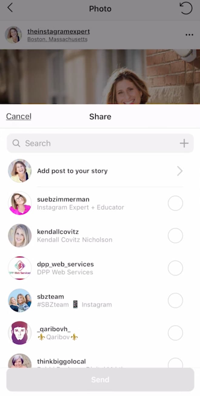 Sue B Zimmerman's Instagram post with the menu open to send the post via Direct Message.