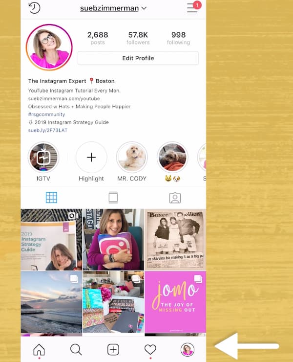 Sue B Zimmerman’s profile with an arrow pointing to her Instagram avatar