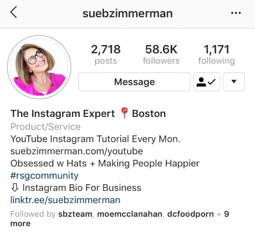 Sue B Zimmerman’s Instagram bio, which includes her brand hashtag #RSGCommunity. 