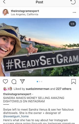 Sue B Zimmerman shares a carousel post where she is holding a #ReadySetGram hashtag sign. 