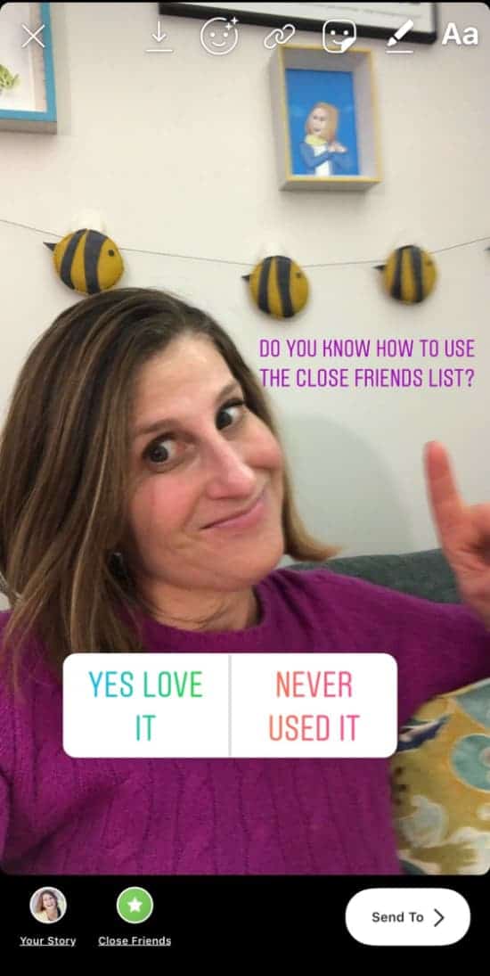 Sue B Zimmerman adds text overlay to her Instagram Stories poll to tie in her branding. 