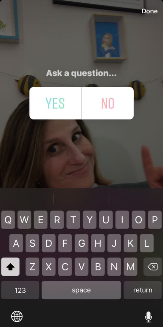 Sue B Zimmerman shares a picture with the yes/no Instagram Stories poll option. 