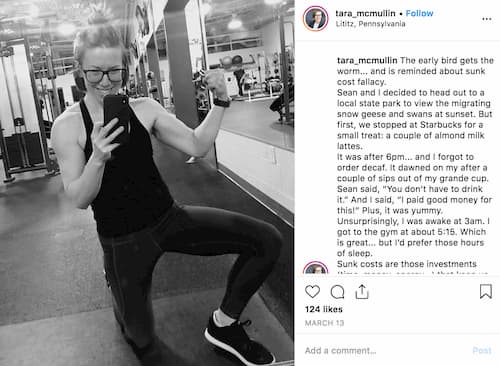 Tara McMullin shares a black and white photo of her proudly standing in the gym post-workout. 