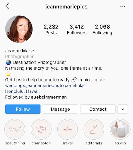 Jeanne Marie’s Instagram bio tells people her business purpose, mission and contact information. 