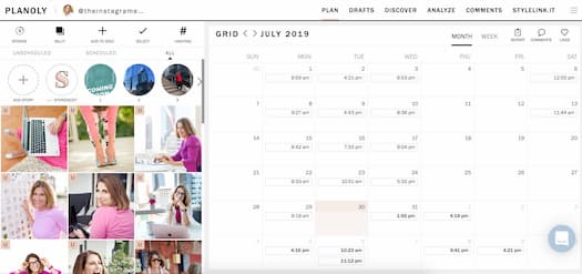 Planoly’s interface maps out Instagram content and potential posts. 