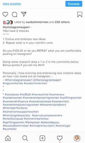 Sue B Zimmerman’s Instagram caption is broken up with dashes, white spaces and symbols.