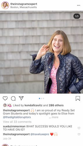 Sue B Zimmerman’s Instagram carousel post with the number of images in the top right corner.