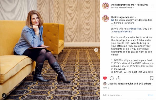 Sue B Zimmerman’s Instagram post featuring her sitting on a chair with a yellow backdrop. 