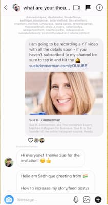 An Instagram Stories chat that includes Sue B Zimmerman’s link to her weekly YouTube video. 