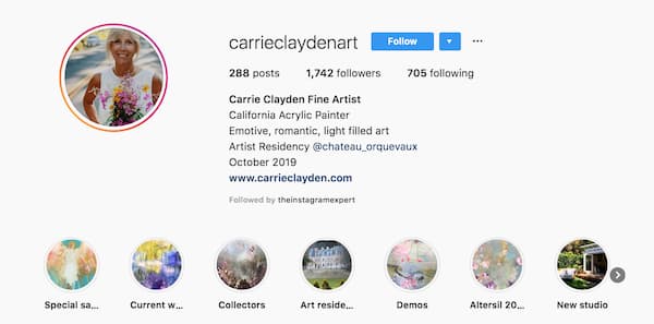 Carrie Clayden’s Instagram bio that includes her key words in the subtitle. 