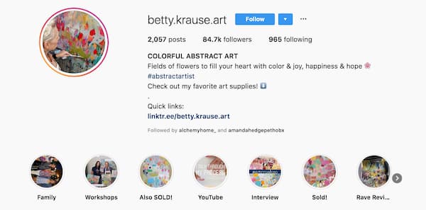 Betty Krause’s Instagram Story Highlights capture all the aspects of her business. 