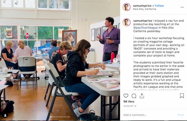 Samuel Price’s Instagram photo features him leading a painting workshop. 