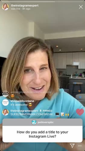 Sue B Zimmerman shares a live question stick during an Instagram live. 