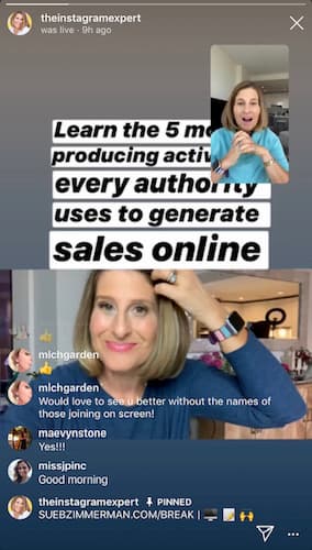 Sue B Zimmerman shares a graphic promoting her new course during an Instagram Live. 