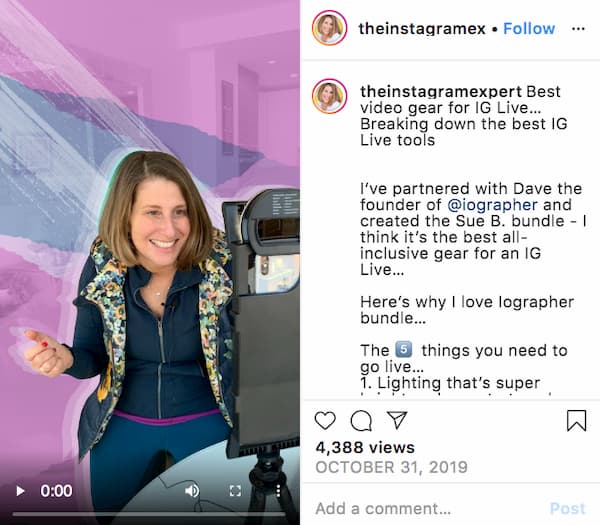 Sue B Zimmerman’s IGTV cover photo shows her posing in front of a camera with a purple shaded background. 