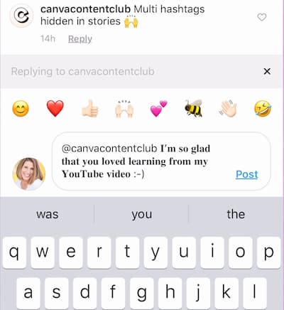 Sue B Zimmerman’s Instagram post caption with bolded tex that says “@canvacontentclub I’m so glad that you loved learn from my Youtube video.” 