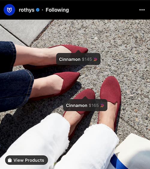 Rothy’s Instagram post with cinnamon-colored flats and a shoppable post sticker. 