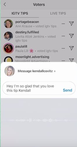 Sue B Zimmerman shows the list of individuals who responded to her Instagram question sticker with one account selected so she can type an individual response.