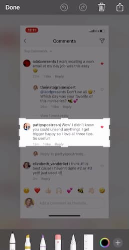 The crop tool highlights one comment under Sue B Zimmerman's Instagram post.