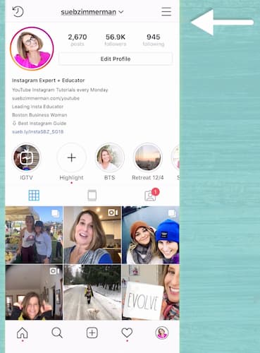 A white arrow points to a screenshot of Sue B Zimmerman's Instagram profile and the stacked bars in the top right corner.