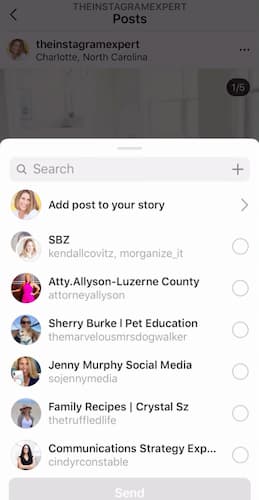 A screenshot of Sue B Zimmerman's Instagram menu that says add post to your story.