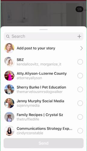 A screenshot of Sue B Zimmerman's Instagram menu that says add post to your story.