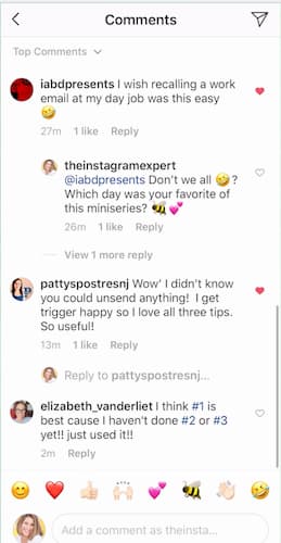 Four Instagram comments under Sue B Zimmerman's Instagram post.