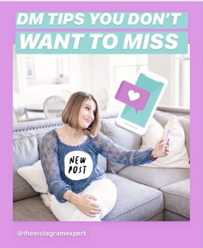Sue B Zimmerman's Instagram Story shows her sitting on a gray couch while she looks at her phone and the text over the photo says DM tips you don't want to miss.