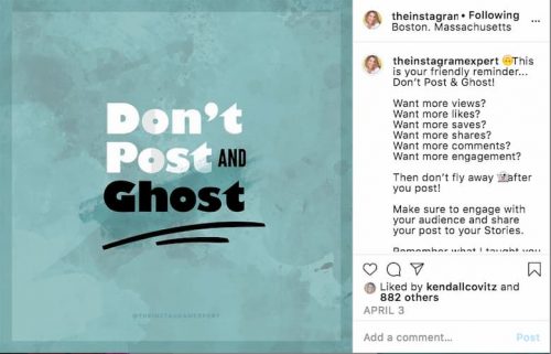 Sue B Zimmerman's teal Instagram post graphic that says don't post and ghost.