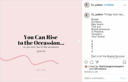 An Instagram carousel posts that shows a pink graphic with text that says you can rise to the occasion ... or you can rise to the occasion. 