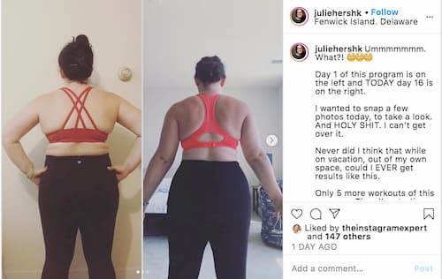 Julie shares an Instagram carousel post with the first photo showing a side by side comparison of her standing in black workout pants and a pink sports bra.