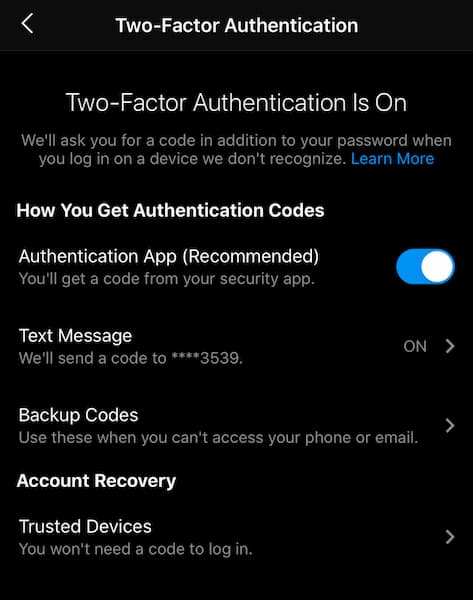 Sue B Zimmerman's Instagram security settings with 2-factor authentication toggled on.