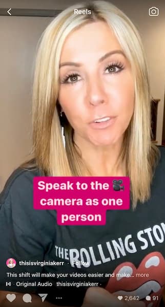 Virginia Kerr takes a selfie video with text overlay that says speak to the camera as one person.
