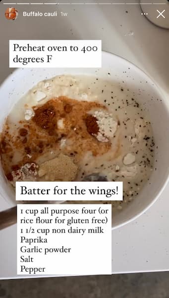 Alexa Fueled Naturally's Instagram Story shows cauliflower dipped in her vegan batter. 