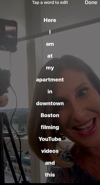 Sue B Zimmerman looks into the camera as the captions pop up on her Instagram Story.