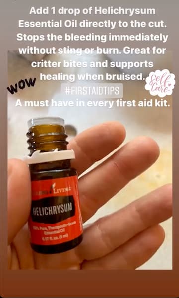 Lucy's Instagram Story shows her holding a small bottle of essential oils in her hands with text overlay summarizing what she's saying.