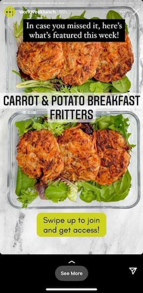 Work Week Lunch shares an Instagram Story featuring a carrot and potato breakfast fritters recipe.