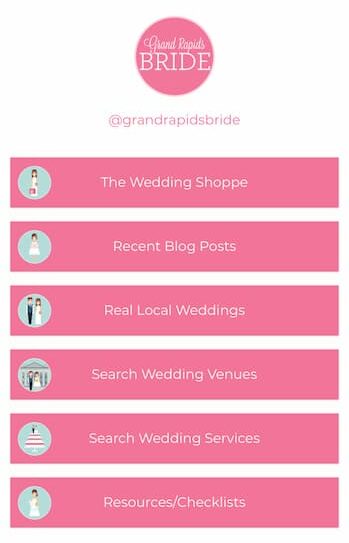 Grand Rapids Bride's Linktree landing page with four pink bars that include links and a graphic of their logo at the top.
