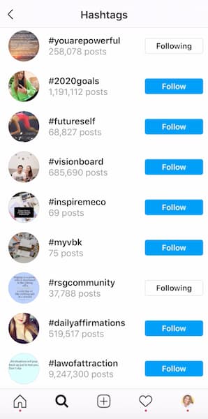 A list of hashtags that Kendall follows for her company, Design me.co.